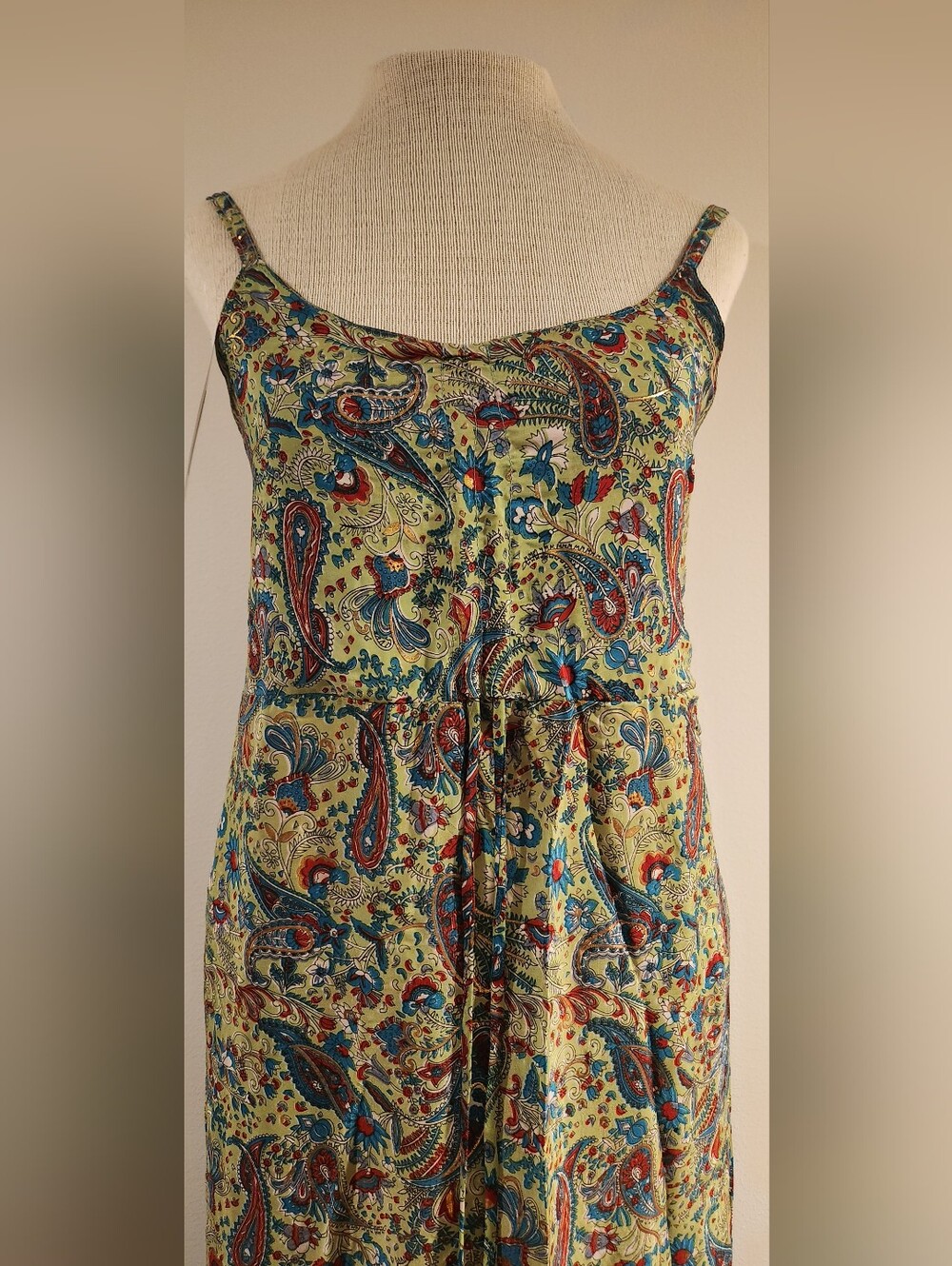 White Waves Green Paisley Tiered Boho Maxi Dress with Red & Blue Accents - Picture 7 of 11